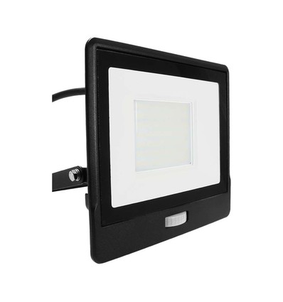 50W LED lyskaster med sensor - Samsung LED chip, IP65, sort, 6500K, 5 års garanti