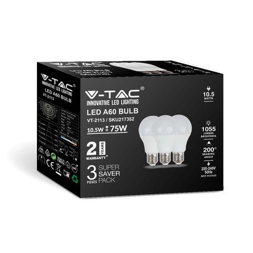 A60 LED 10,5W E27 - 3000K, Plast Pære, 3 stk/pakke