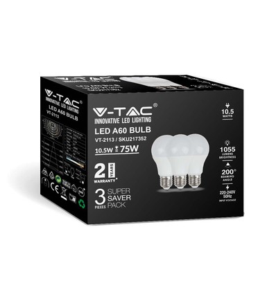 3 stk. E27 10,5W LED pære - A60, matt glass, 4000K, 1055lm, 3-pakning