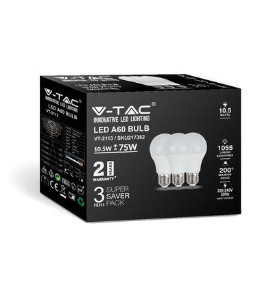 A60 LED 10,5W E27 - 3000K, Plast Pære, 3 stk/pakke