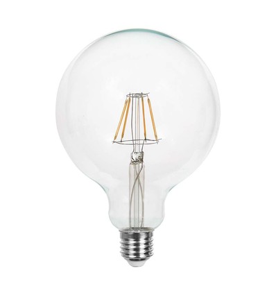 E27 6W LED filament pære - G125 globe, klar, varm hvit, 300° beam angle