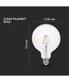 E27 6W LED filament pære - G125 globe, klar, varm hvit, 300° beam angle