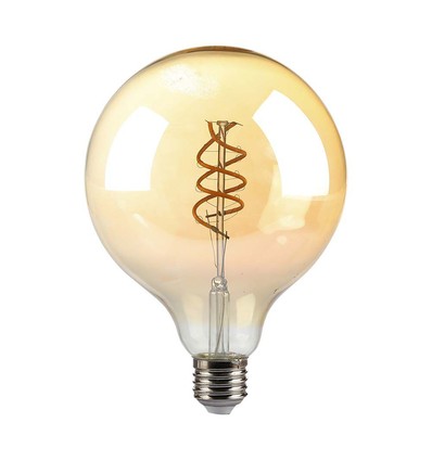 E27 6W dimbar LED spiral filamentpære - G125, Amber glass, 1800K, 300° lysspredning