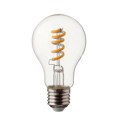 E27 4W LED spiral filament pære - GLS, klart glass, 300lm, varm hvit, erstatter 28W
