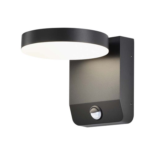 17W Vegglampe - LED, Sensor, 3000K, Sort, Rund, IP65.