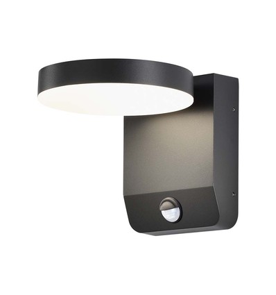 17W Vegglampe - LED, Sensor, 3000K, Sort, Rund, IP65.