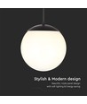 Ø20cm pendellampe, mattsort - IP44, E27 sokkel, opal hvit kule, aluminium og plast, uten lyskilde