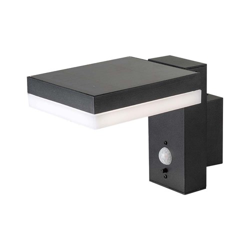 5,5W Solara vegglampe med sensor - Solcelle, PIR sensor, IP54, 3000K, sort, rektangulær