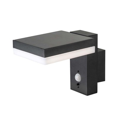 5,5W Solara vegglampe med sensor - Solcelle, PIR sensor, IP54, 3000K, sort, rektangulær
