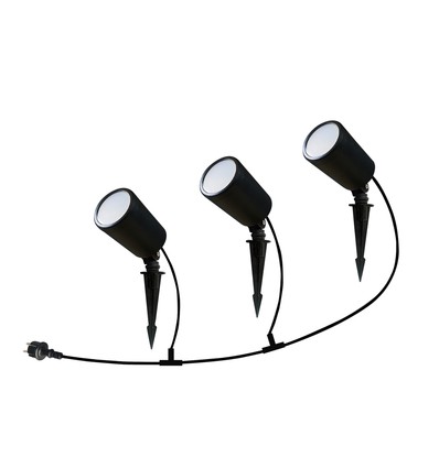 3 stk. 7W Smart WiFi RGB hagespot med spyd - IP65, sort, dimbar, virker med Google Home og Alexa