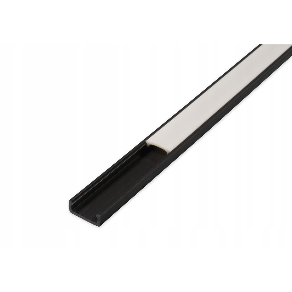 PVC profil 16×7 til LED strip – 1 meter, svart, inkl. melkehvitt deksel