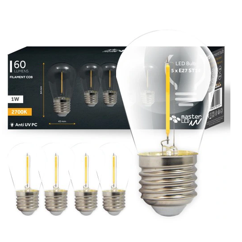 5 stk E27 1W LED-pære - ST14, COB filament