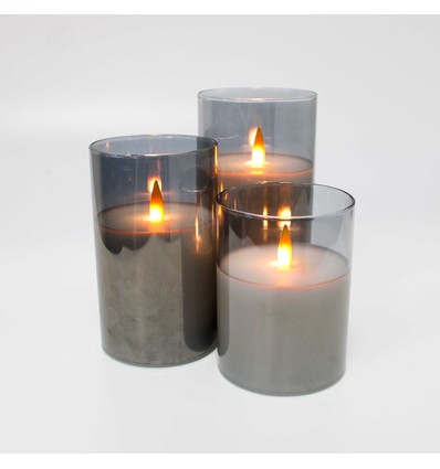 LED Blokklys sett i røkfarget glass Ø7,5cm, 3 stk, flammeeffekt - Inkl. fjernkontroll og timer, 10/12,5/15cm høy, ekte stearin