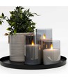 LED Blokklys sett i røkfarget glass Ø7,5cm, 3 stk, flammeeffekt - Inkl. fjernkontroll og timer, 10/12,5/15cm høy, ekte stearin