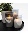 LED Blokklys sett i røykfarget glass Ø7,5cm, 3 stk, flammeeffekt - Inkl. fjernkontroll og timer, 10/12,5/15cm høy, ekte stearin