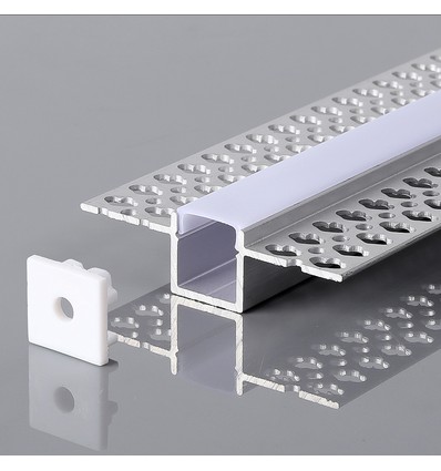 2m Alu profil for innfelling, sølv - 2000x55x15mm, inkl. melkehvitt deksel, maks 12,4mm strip, IP20
