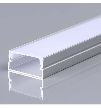 2m Alu profil for LED strips, sølv - 20x10mm, inkl. satin deksel, utenpåliggende