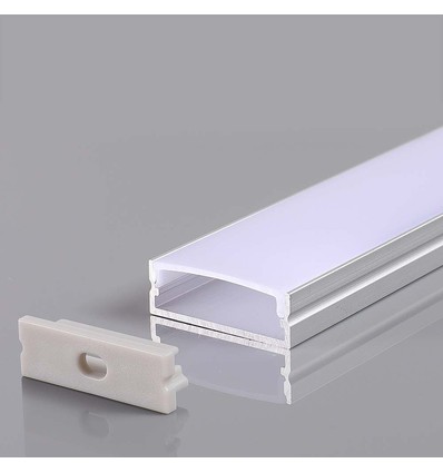 2m Alu profil for LED strips - Sølv, 30x10mm, inkl. satin deksel, for utenpåliggende montering