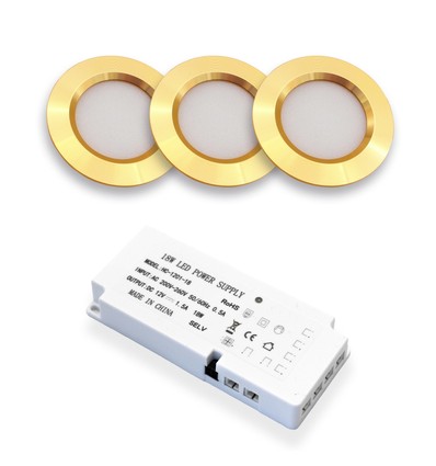 3 stk. Reco68 møbelspot - Gull, inkl. strømforsyning