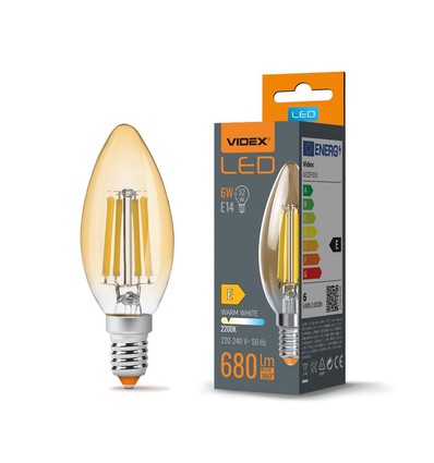 C35 LED-pære 6W E14 - kulltråd, ravfarget, ekstra varm hvit, 230V, 680 lm, forbruk 6W