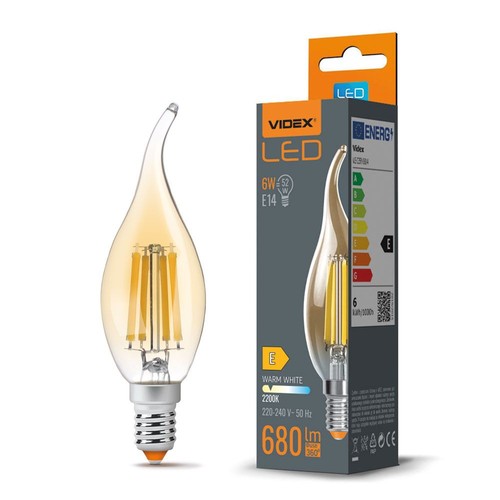 C35 LED-pære 6W E14 - kulltråd, flamme, ravfarget, ekstra varm hvit, 230V, 680 lm