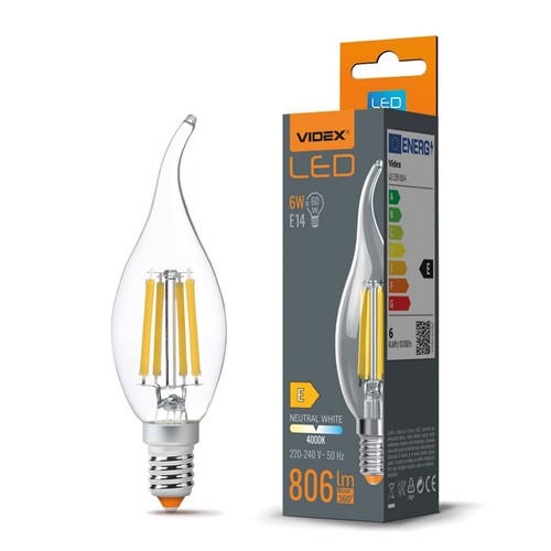 C35 LED-pære 6W E14 - kultråd flamme nøytral hvit, 230V, 806lm