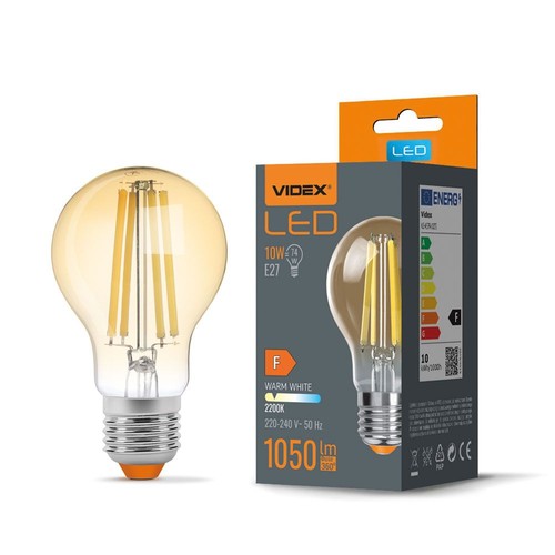E27 10W LED filament pære - A60, 1050lm, 2200K, Amber glass, 360° lysspredning