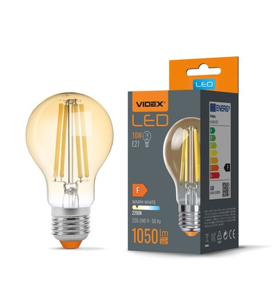 E27 10W LED filament pære - A60, 1050lm, 2200K, Amber glass, 360° lysspredning