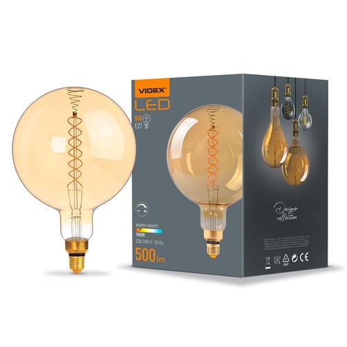 G200 LED-pære 8W E27 - kulltråd, dimbar, spiral, ravfarget, ekstra varm hvit, 230V, 500lm
