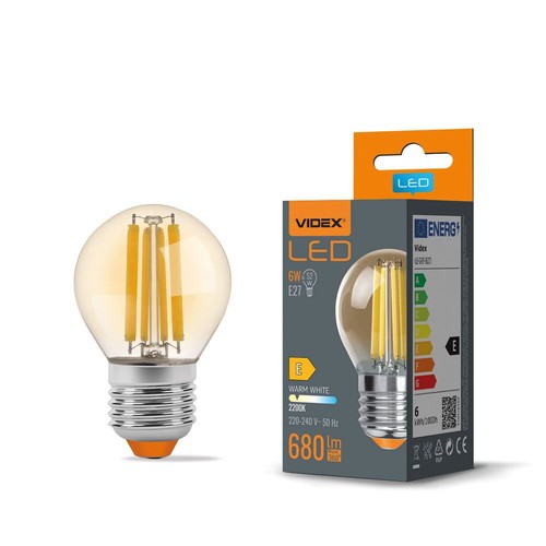 E27 6W LED filament kronepære - G45, 2200K, Amber glass, 360 grader, 750lm
