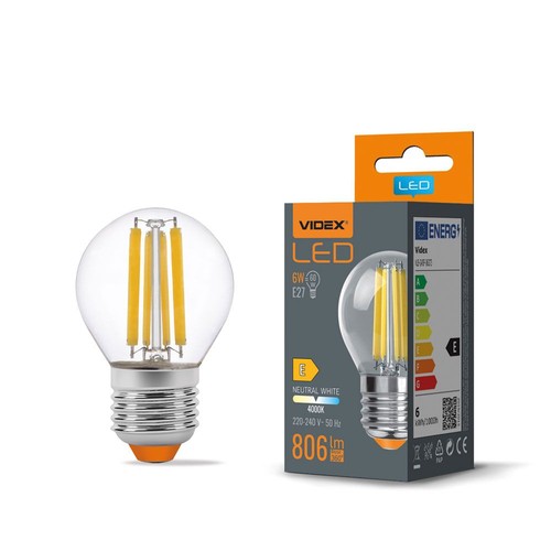 E27 6W LED filament kronepære - G45, 800lm, 4000K, flicker free