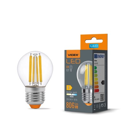 LED-pære 6W E27 - G45, kulltråd, nøytral hvit, 230V, 806lm