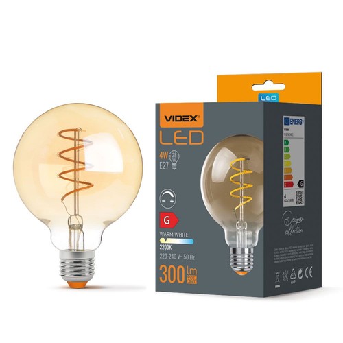 G95 LED-pære 4W E27 - kulltråddempbar spiral, ravfarget, ekstra varm hvit, 230V, 300lm, forbruk 4W