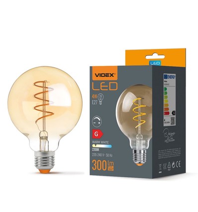E27 4W dimbar LED pære - G95, spiral filament, amber glass, 2200K, flicker free