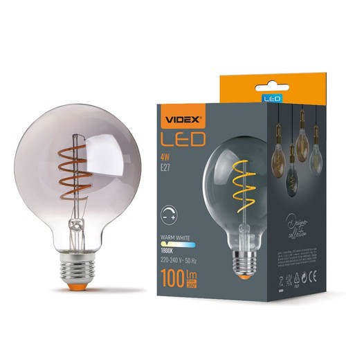 G95 LED-pære 4W E27 - kulltråd, dimbar, spiral, gråtonet / askefarget, ekstra varm hvit, 230V, lysstyrke 100, forbruk 4