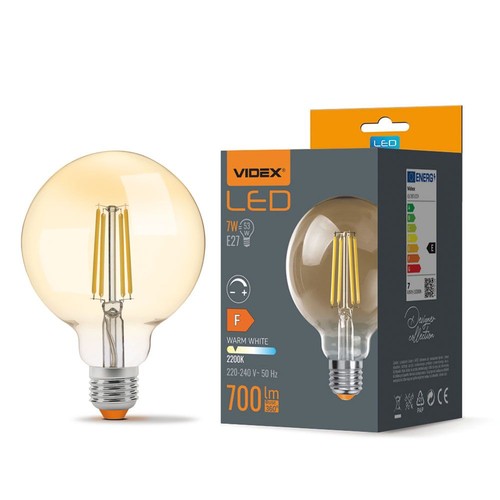 G95 LED-pære 7W E27 - kulltråd, dimbar, ravfarget, ekstra varm hvit, 230V, 700lm, forbruk 7W