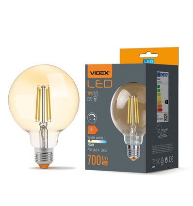 G95 LED-pære 7W E27 - filament, dimbar, ravfarget, ekstra varm hvit, 230V, 700lm, forbruk 7W