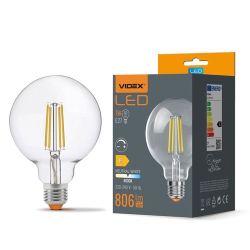 E27 7W dimbar LED pære - G95, 806lm, 4000K, 360 grader, filament glass