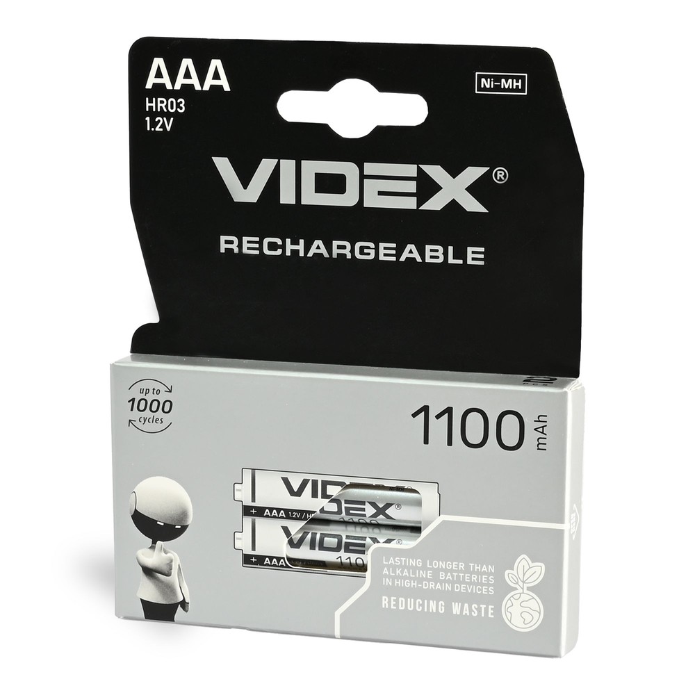 2 stk. oppladbare AAA-batterier - Ni-MH, 1100mAh