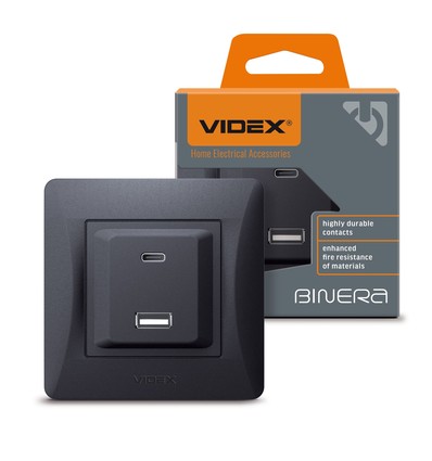 USB-A + Type-C stikkontakt 20W hurtiglader - Sort grafitt, 2.4A, IP20 innendørs