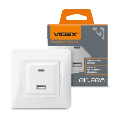 Binera stikkontakt med USB-A + USB-C PD20W - Hvit, innfelt, 16A, IP20