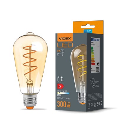 E27 4W dimbar LED pære - ST64, spiral filament, amber glass, varm hvit, flicker free