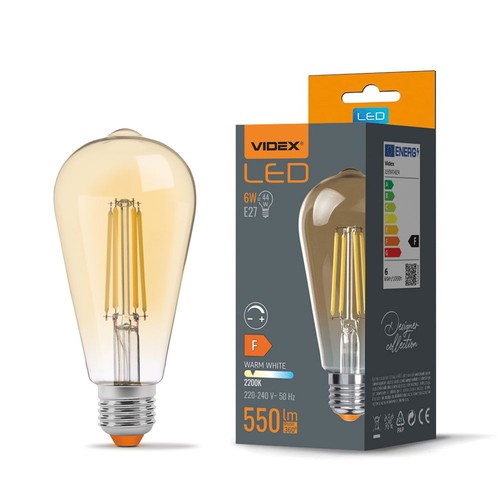 St64 LED-pære 6W E27 - filament, dimbar, ravfarget, ekstra varm hvit, 230V, 550lm, forbruk 6W