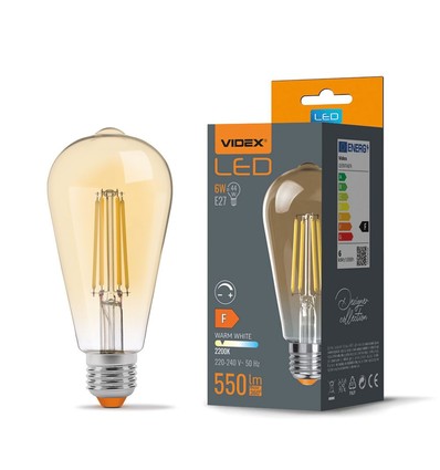 St64 LED-pære 6W E27 - filament, dimbar, ravfarget, ekstra varm hvit, 230V, 550lm, forbruk 6W