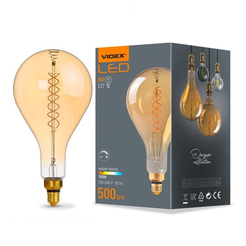 Ps160 LED-pære 8W E27 - kulltråd, dimbar, spiral, ravfarget, ekstra varm hvit, 230V, 500lm