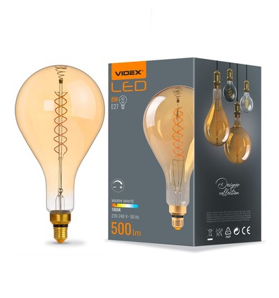 Ps160 LED-pære 8W E27 - kulltråd, dimbar, spiral, ravfarget, ekstra varm hvit, 230V, 500lm