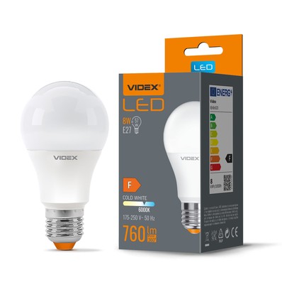 E27 8W LED pære - A60, 760lm, 6000K kald hvit, flicker free