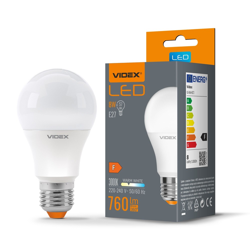 A60 LED-pære 8W E27 - varm hvit, 230V, 760lm, forbruk 8W - Kulør : Varm