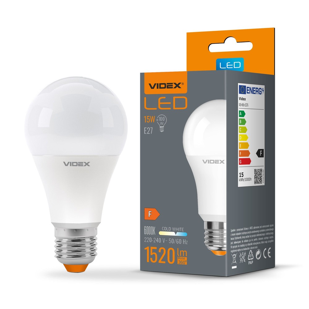 A65 LED-pære 15W E27 - kald hvit, 230V, 1520lm, forbruk 15W - Kulør : Kald