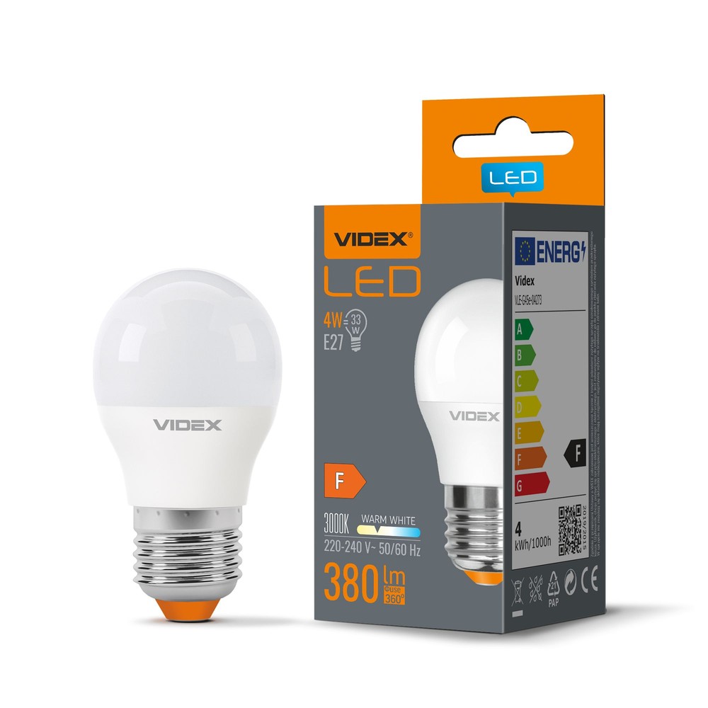 LED-pære 4W E27 - G45, varm hvit, 230V, 380lm, forbruk 4W - Kulør : Varm